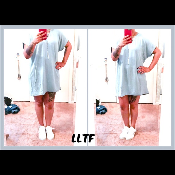 Terry Knit Tee Dress- Washed Denim - Picture 2 of 4